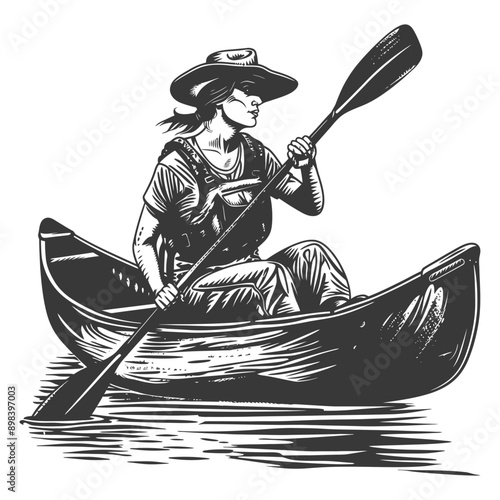 Woman in a Wide Brimmed Hat Paddling a Canoe