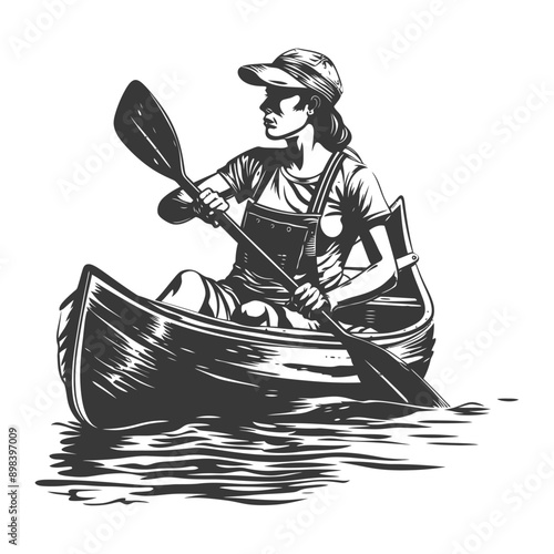 Woman in Cap Paddling a Canoe on Water