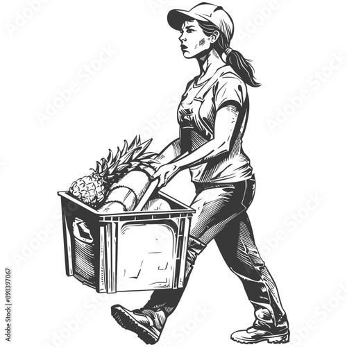 Woman Carrying a Crate of Produce