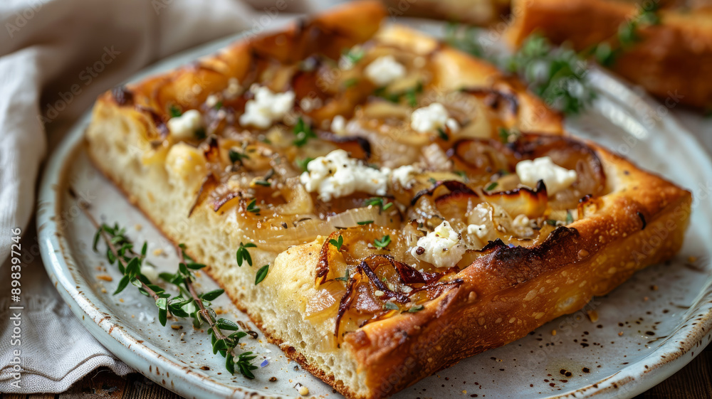 A slice of focaccia with caramelized onions and cheese on a plate. A slice of focaccia with caramelized onions and cheese on a plate.