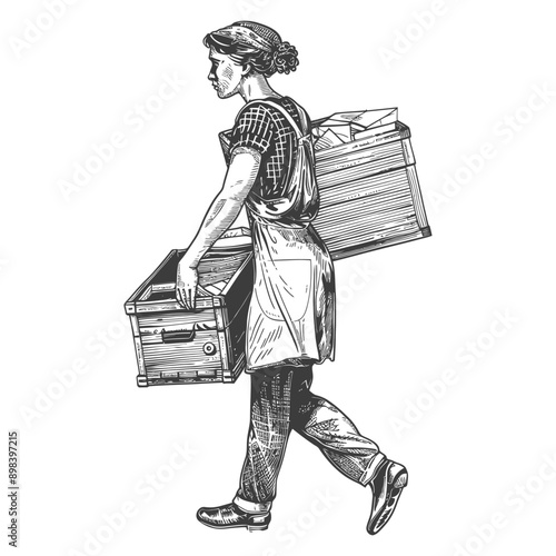 Woman Carrying Two Wooden Crates With Her Left Hand