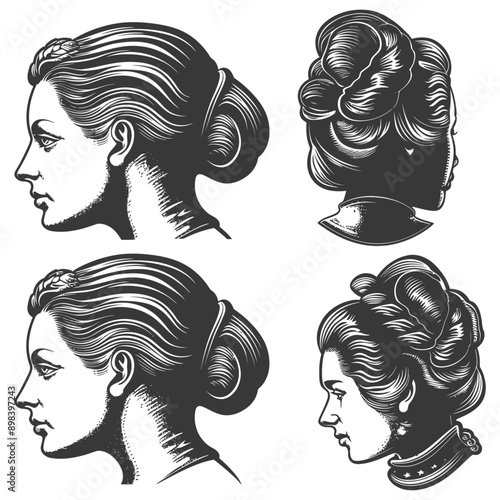 Four Profile Views of a Woman with Elegant Hairstyles