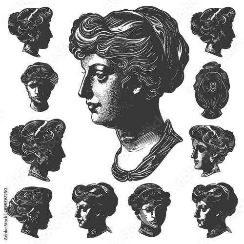 Collection of Ten Female Bust Silhouettes in Profile