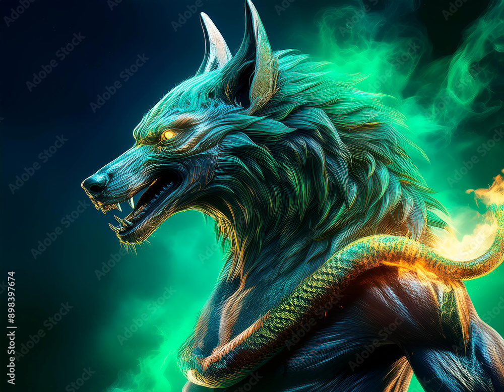 eerie and enigmatic image of the demon amon as wolf with snake tail in full length standing sideways and spewing fire from his mouth on dark blue background with splashes of green eerie and enigmatic image of the demon amon as wolf with snake tail in full length standing sideways and spewing fire from his mouth on dark blue background with splashes of green