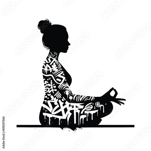 Meditation, yoga  female player in graffiti tags, street art pattern illustration, emblem shield badge