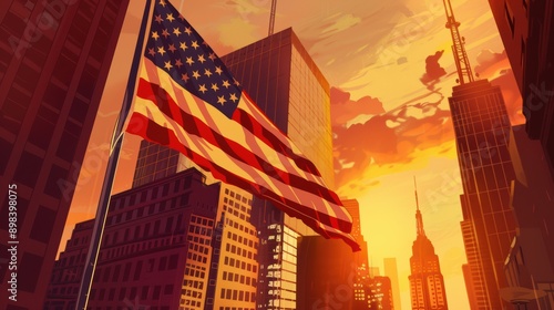 American flag fluttering in the breeze against a sunset backdrop in new york city