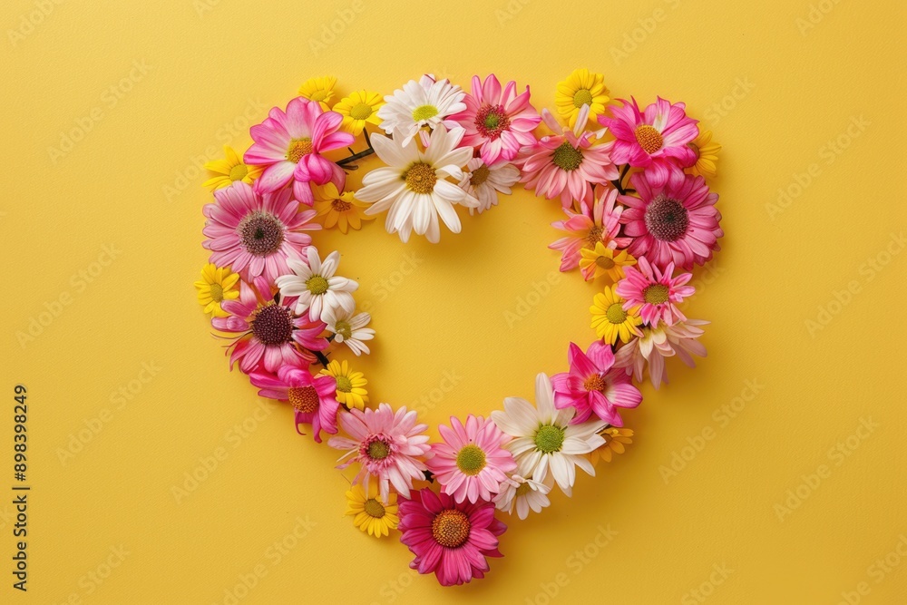 heart-shaped wreath of pink and yellow daisies on a pastel background, top view heart-shaped wreath of pink and yellow daisies on a pastel background, top view
