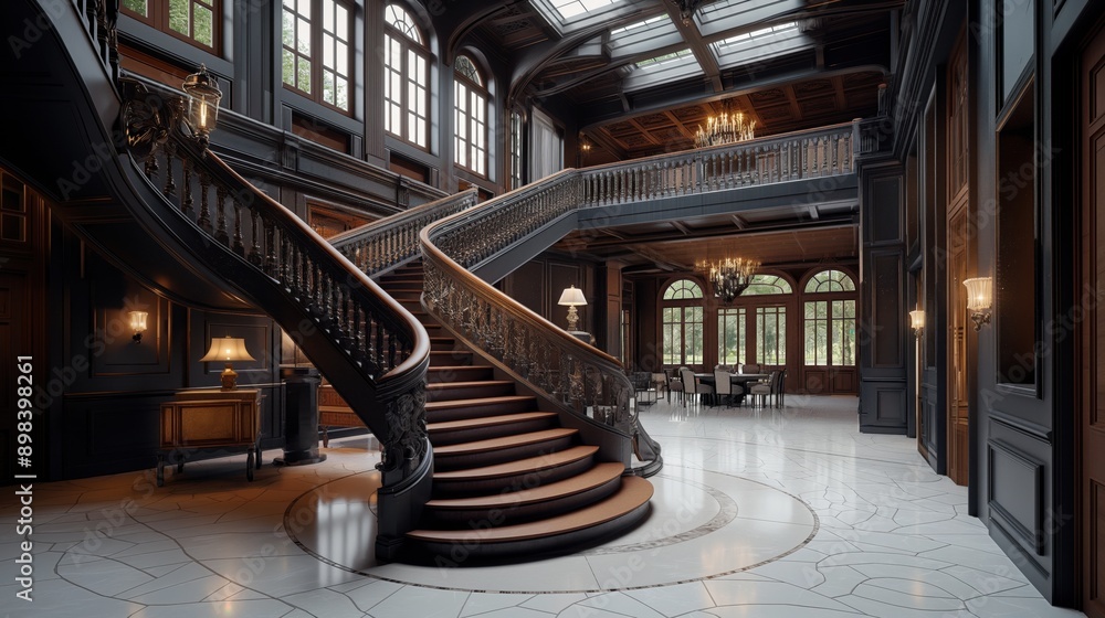 Luxurious grand staircase in an elegant mansion interior with large windows, chandeliers, and ornate woodwork. Luxurious grand staircase in an elegant mansion interior with large windows, chandeliers, and ornate woodwork.