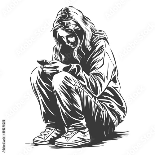 A young woman sits hunched over engrossed in her smartphone 