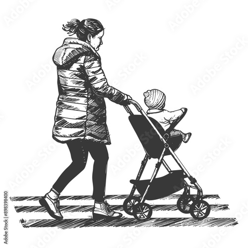 Woman pushing a stroller with a baby across a crosswalk