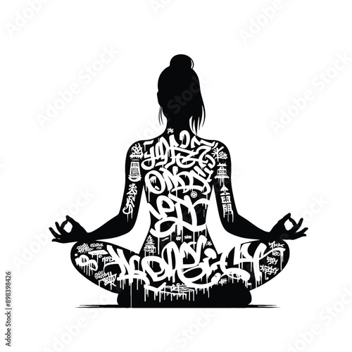 Meditation, yoga  female player in graffiti tags, street art pattern illustration, emblem shield badge