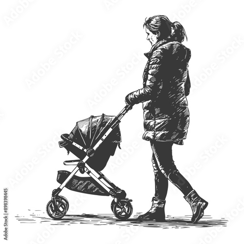 Woman pushing a baby stroller while walking