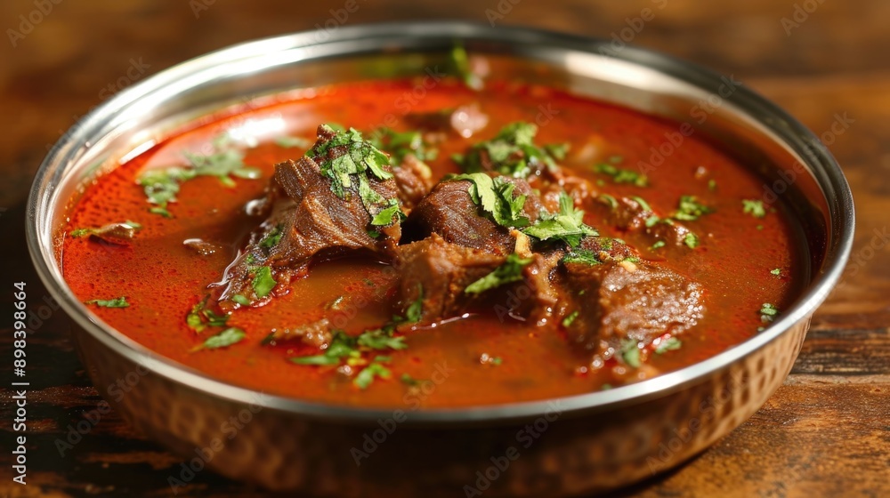 Hot and flavorful beef curry served in a metal bowl on table. Includes coriander leaves as garnish. Hot and flavorful beef curry served in a metal bowl on table. Includes coriander leaves as garnish.