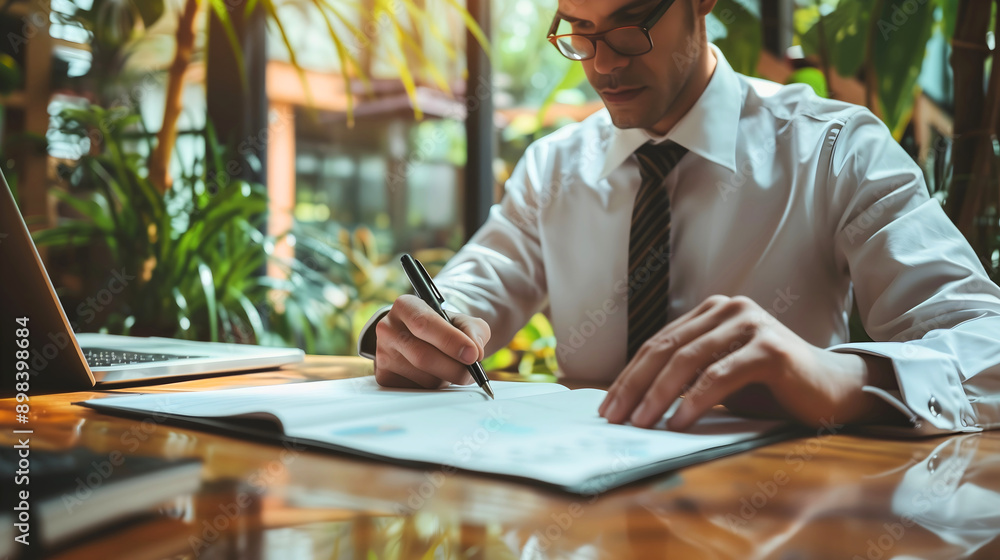 Man in Business Suit with Tax Papers: Uncovering Fraud and Dollar Deals Man in Business Suit with Tax Papers: Uncovering Fraud and Dollar Deals