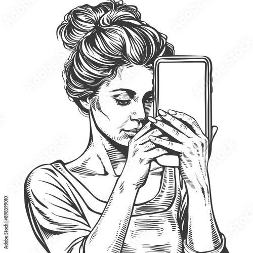 Woman with a Bun Holding a Smartphone in Portrait Mode