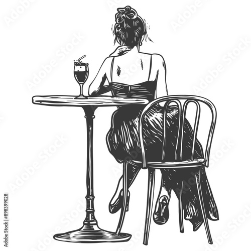 Woman Sitting at a Table with a Drink Back View