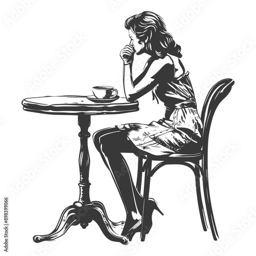 A woman sitting alone at a table with a cup of coffee