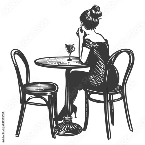 Woman Sitting Alone at a Table with a Glass of Wine