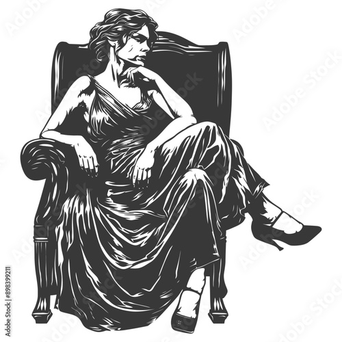 A woman in a dress sits thoughtfully in an armchair