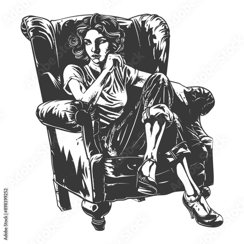 Woman Sitting in a Leather Armchair with Legs Crossed
