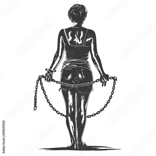 Woman in chains back view black and white illustration