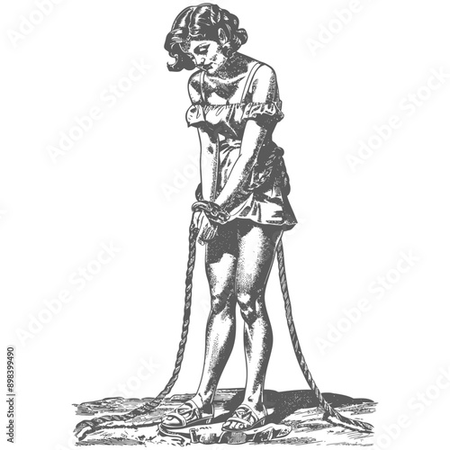A Woman Bound by Ropes Standing on a Platform with a Pensive Expression