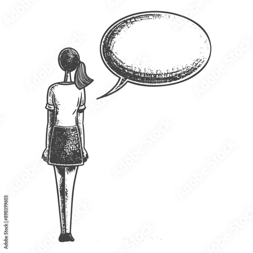 Woman with a speech bubble facing away from the viewer