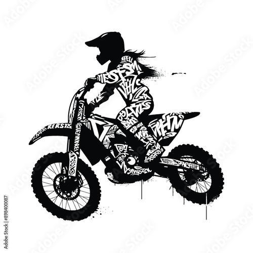 Motocross  female player in graffiti tags, street art pattern illustration, emblem shield badge