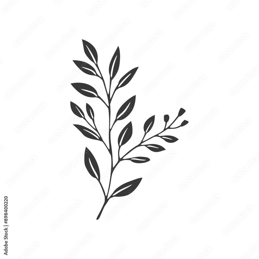 Fototapeta premium Simple Black and White Illustration of a Branch with Leaves