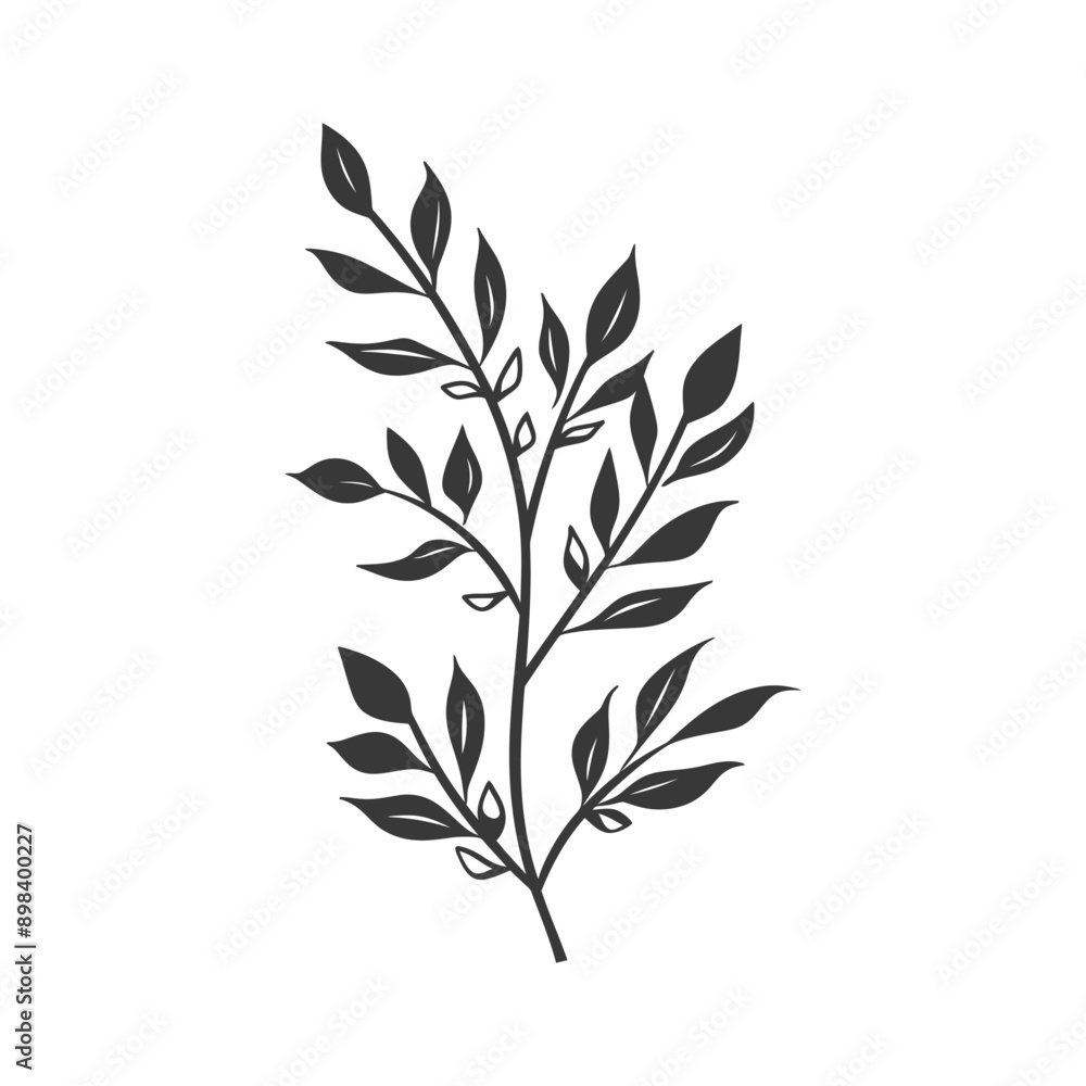 Fototapeta premium A Single Branch with Numerous Leaves in Black and White