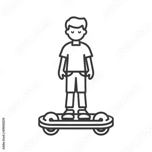 A line drawing of a person standing on a hoverboard
