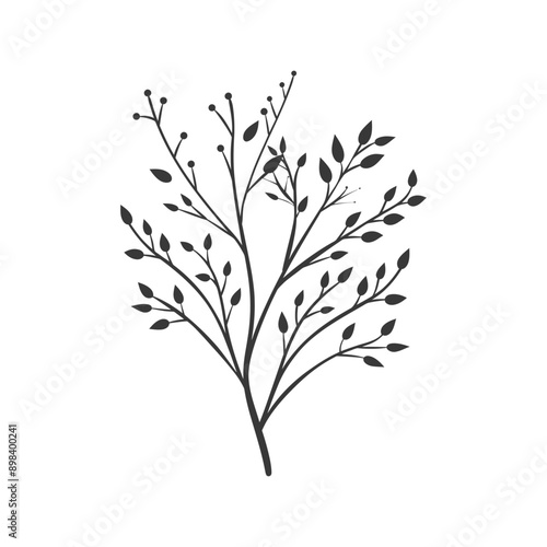 Simple Silhouette of a Branch with Leaves and Berries