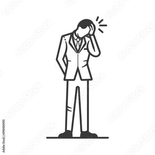 A man in a suit with his hand on his forehead looking distressed 