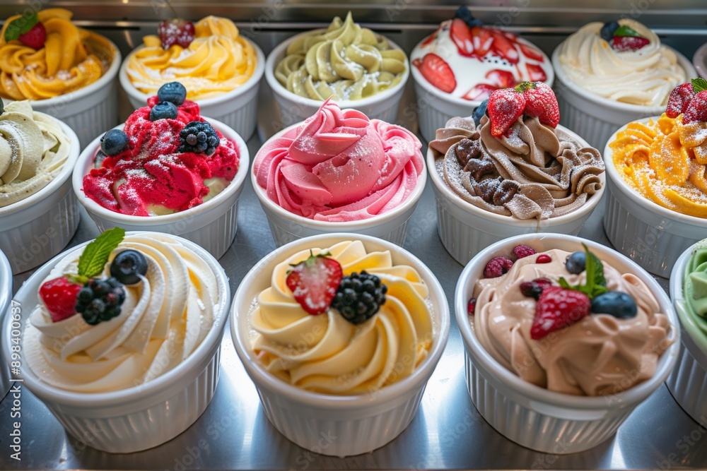 A delightful array of ice cream cups in various flavors and colors, topped with fresh fruits and garnishes, offering a visual feast. A delightful array of ice cream cups in various flavors and colors, topped with fresh fruits and garnishes, offering a visual feast.