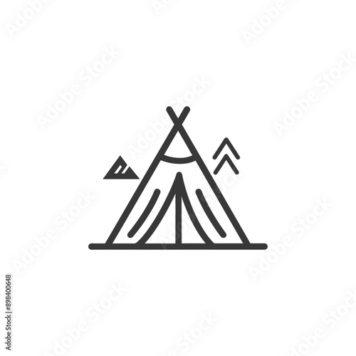 Line Art Illustration of a Teepee Tent with Mountains and Trees
