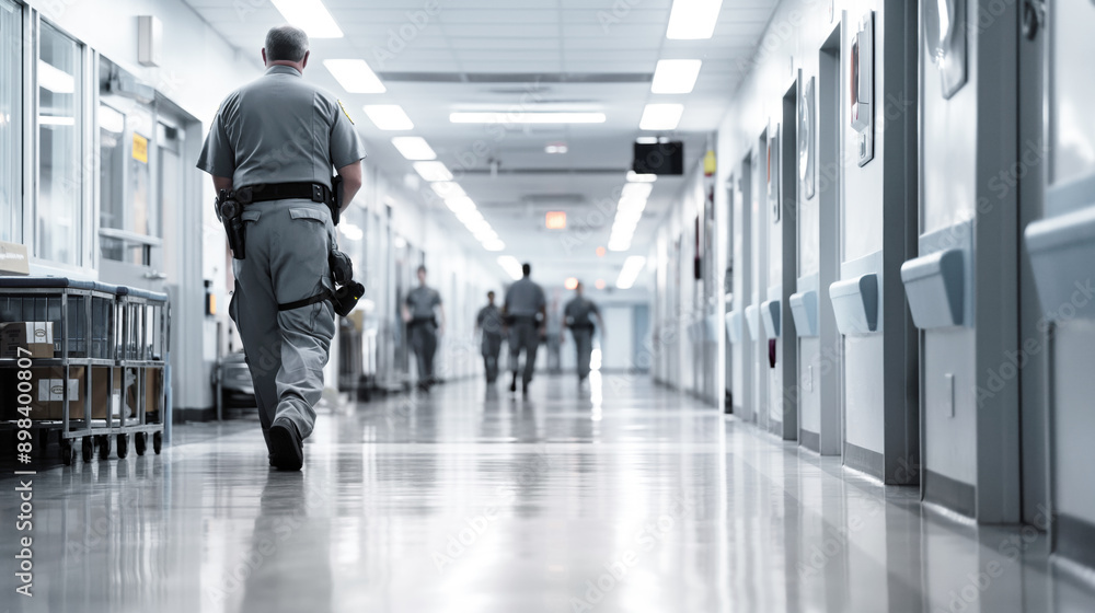 Obraz premium Uniformed officers walking in a well-lit corridor of a secure facility, depicting a typical day of patrol and security enforcement.