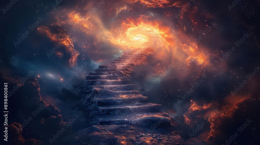 celestial staircase spiraling through cosmos each step a different phase of sun supernova at apex trailing stardust celestial staircase spiraling through cosmos each step a different phase of sun supernova at apex trailing stardust