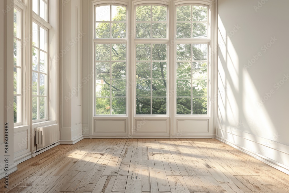 Empty room with large window and parquet floor. Empty room with large window and parquet floor.
