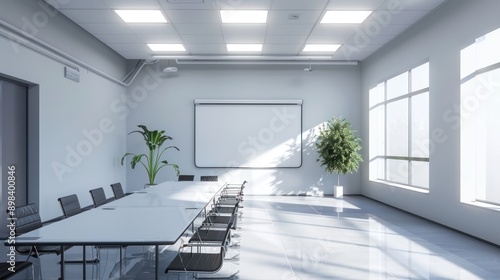 Empty Conference Room with Projection Screen and Bright Lighting