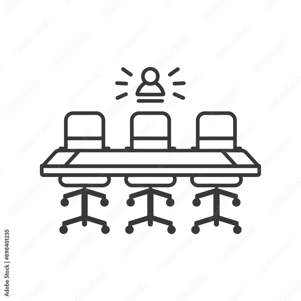 Three chairs surrounding a table with a person at the head Three chairs surrounding a table with a person at the head