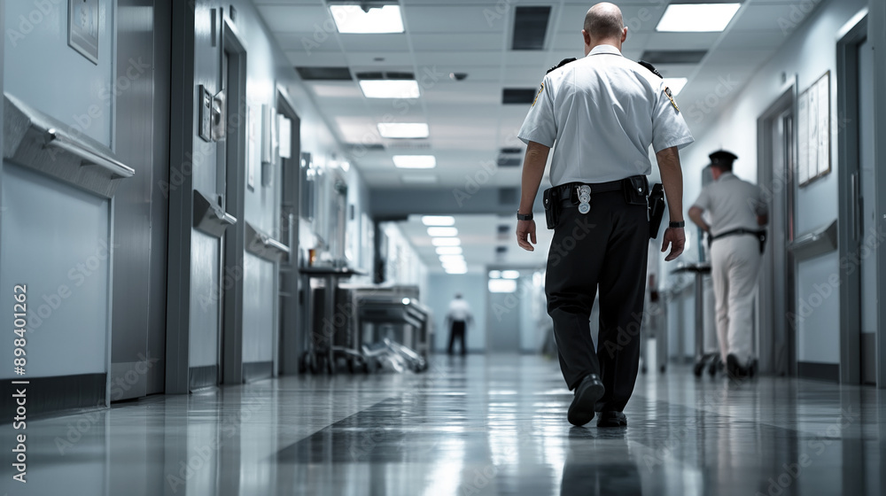 Security guards in a hallway of a hospital or medical facility, with doors and medical equipment visible in the background. Security guards in a hallway of a hospital or medical facility, with doors and medical equipment visible in the background.