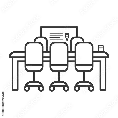 Three rolling chairs around a table with a whiteboard and a cup