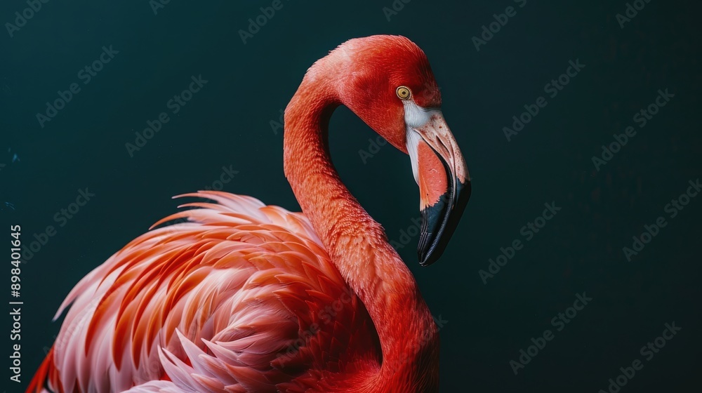 Obraz premium A close up portrait of a pink flamingo with its head turned, showcasing its vibrant feathers against a dark green background.