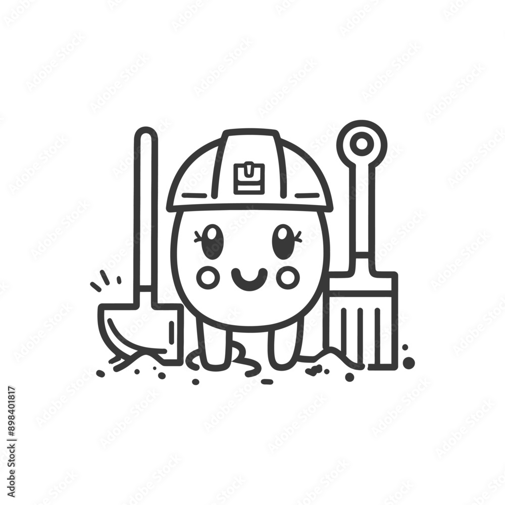 A Smiling Cartoon Character Wearing a Construction Helmet and Holding a Shovel and Broom A Smiling Cartoon Character Wearing a Construction Helmet and Holding a Shovel and Broom