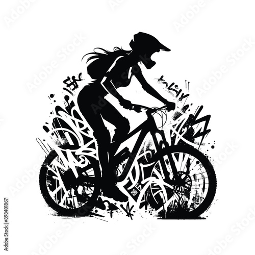 mountain biking  female player in graffiti tags, street art pattern illustration, emblem shield badge