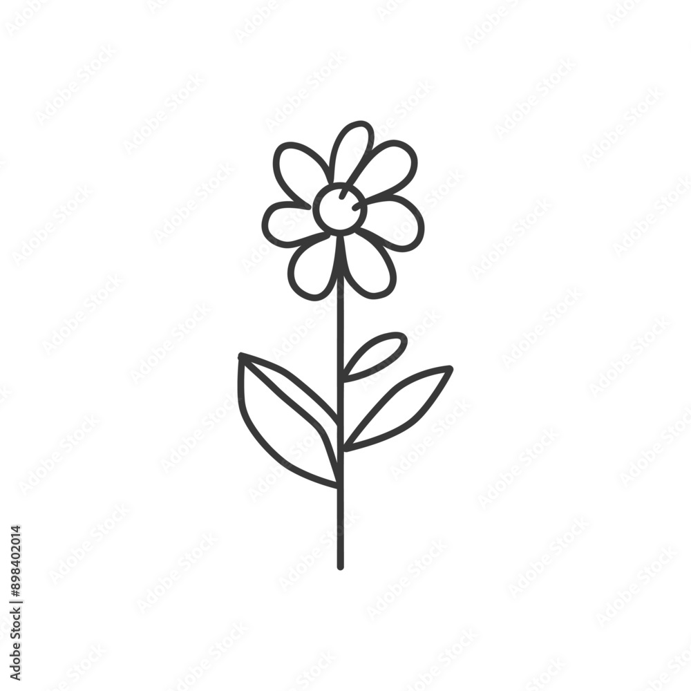 Simple Line Drawing of a Flower with Stem and Leaves Simple Line Drawing of a Flower with Stem and Leaves