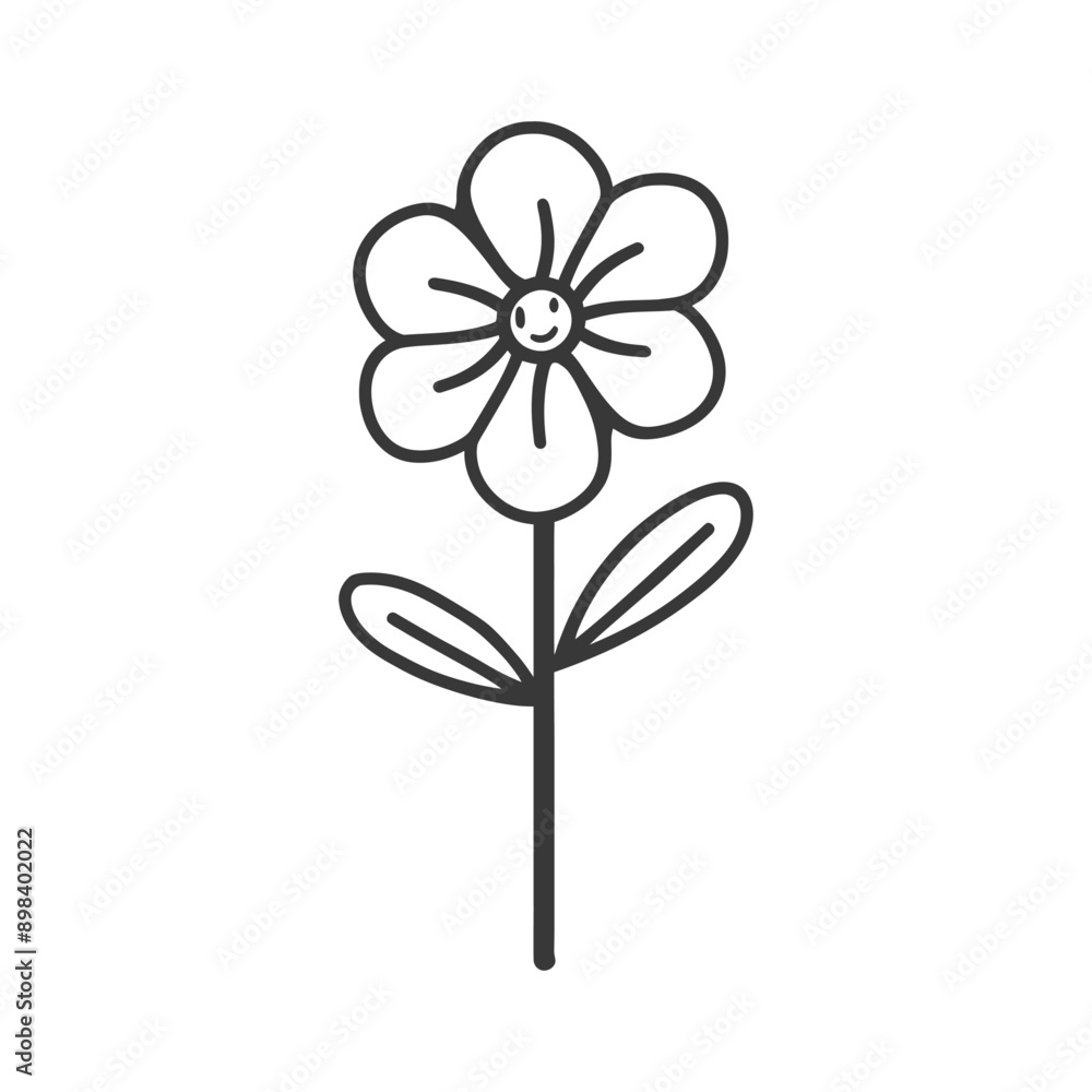 Simple Line Drawing of a Flower with a Smiling Face
