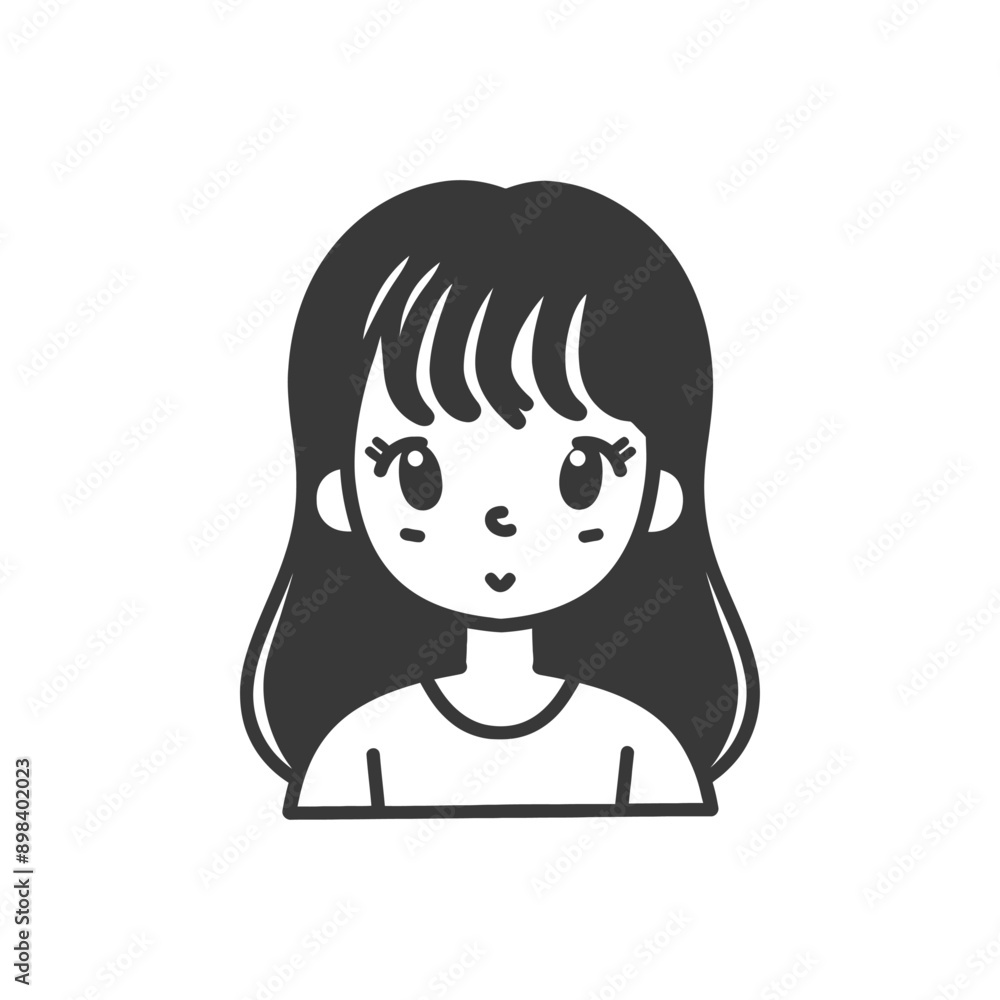 Black and White Cartoon Illustration of a Girl with Long Hair Black and White Cartoon Illustration of a Girl with Long Hair