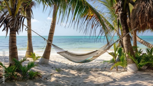 Relaxing hammock on a tropical beach with palm trees and blue ocean.