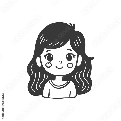 Hand Drawn Illustration of a Smiling Girl with Long Wavy Hair